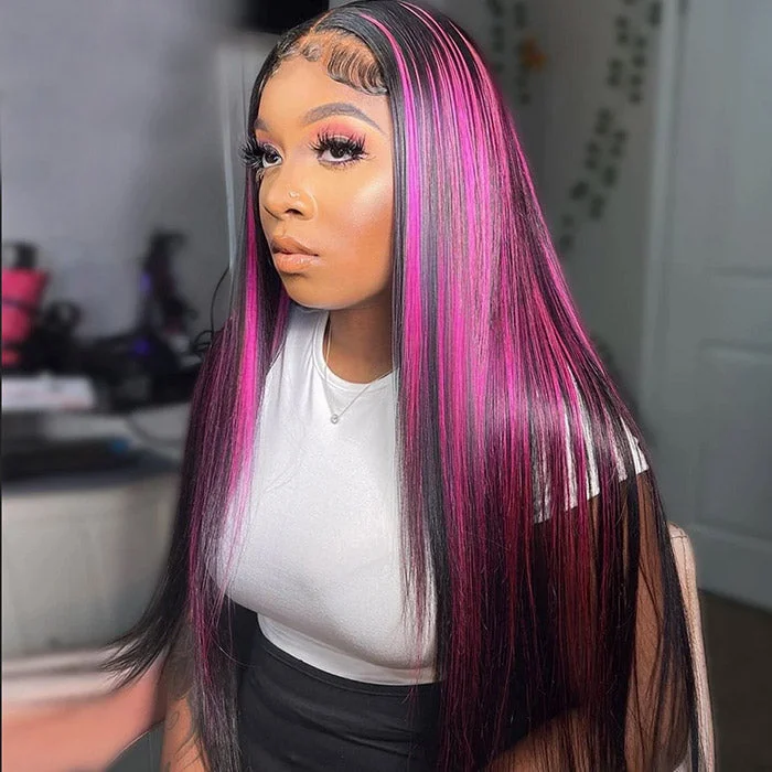 Colored wig with a pre - plucked hairline for a more natural lookLong 32Inch Highlight Pink Straight 13x4 Lace Front Wig Pre-plucked Straight Human Hair Glueless Wigs