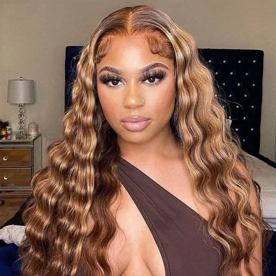 Colored wig with a pre - plucked hairline for a more natural lookBalayage Color Honey Blonde Highlights Wig Loose Deep Wave Transparent Lace Front Wigs for Women