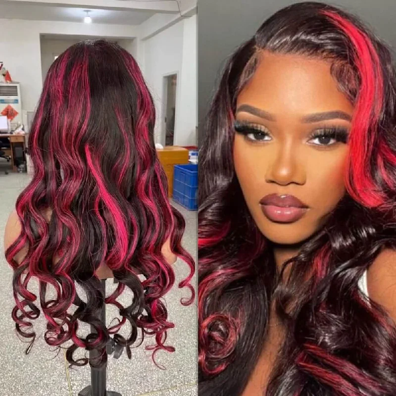 Colored wig in a vibrant pink color for a bold and eye - catching lookLoose Wave Lace Frontal Wig with Pink Highlight Human Hair  for African American