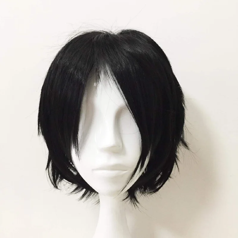 Bob wig with a pre - plucked hairline for a more natural lookMen Black Short Straight Long Bangs Middle Part Cosplay Wig