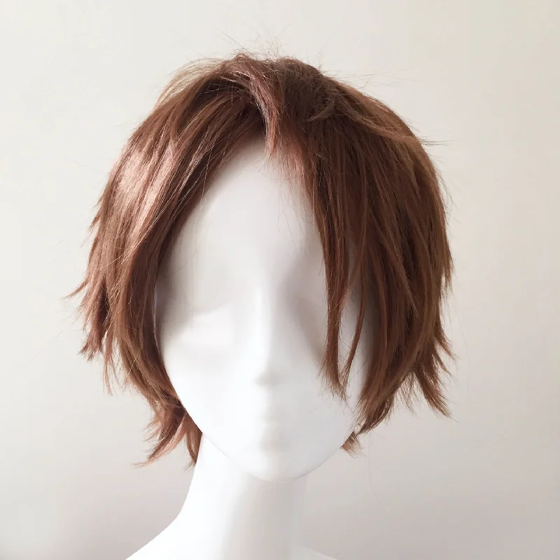 Bob wig with a blunt cut for a modern and edgy styleMen Brown Short Straight Fringe Bangs Layered Cosplay Wig