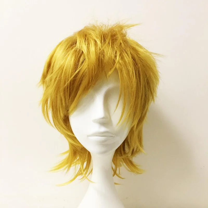 Short - bob wig for a super - sleek and minimalist styleMen Golden Yellow Short Straight Fringe Bangs Layered Cosplay wig