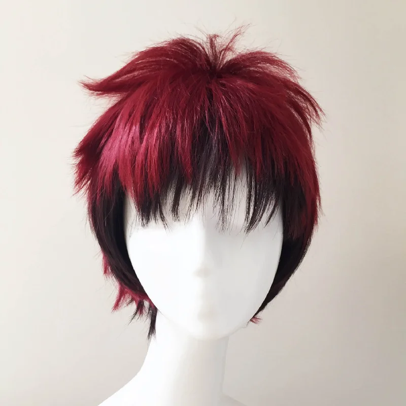 Lace - front bob wig for a seamless hairlineMen Red Black Two Tone Short Straight Fringe Bangs Cosplay Wig