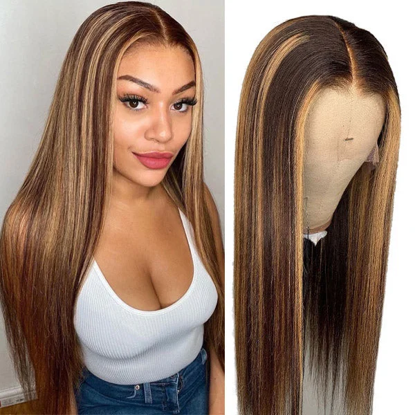 Colored wig with a pre - plucked hairline for a more natural lookStraight Highlight Wig Lace Part Human Hair Wigs For Women T Part Wig Pre Plucked Honey Blonde Colored Human Hair Wigs