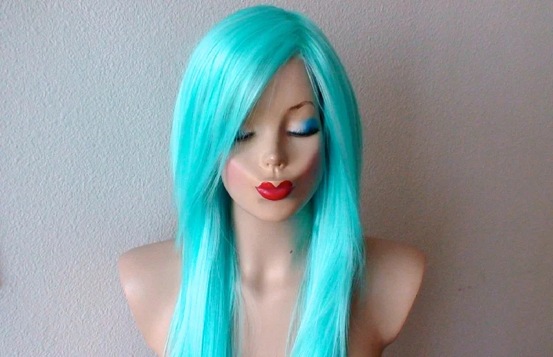 Synthetic colored wig with a heat - resistant formula for easy styling28" Aqua Blue Long Straight Hair Long Side Bangs Wig