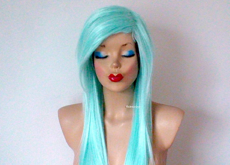 Colored wig with a silk - base cap for a comfortable and smooth feel28" Mint Long Straight Hair Side Bangs Wig. Emo wig.  Scene wig.