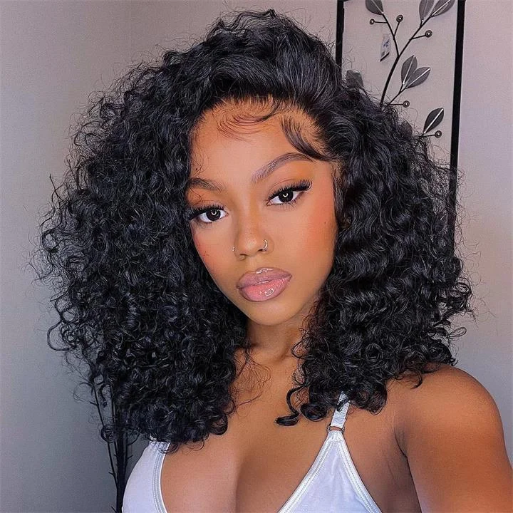 Bob wig in a jet - black color for a classic appearanceNo Code Need: Glueless 4x4/13x4 Invisible HD Lace Front Pre Plucked Natural Hairline Kinky Curly Bob Wig-Geeta Hair