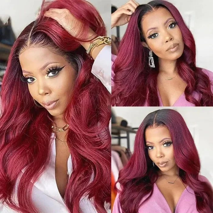 Colored wig with a purple - violet shade for a regal and elegant lookOmbre 99J Burgundy Body Wave Transparent HD Lace Wigs Virgin Human Hair Wigs