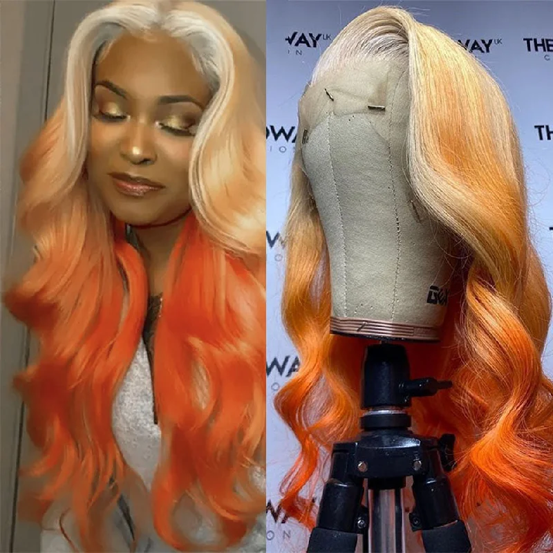 Colored wig with a straight texture for a sleek and minimalist lookBlonde Ginger Ombre Color Body Wave Human Hair Wig Pre-plucked 13x4 HD Lace Front Wig 32 Inch Long Length Wig