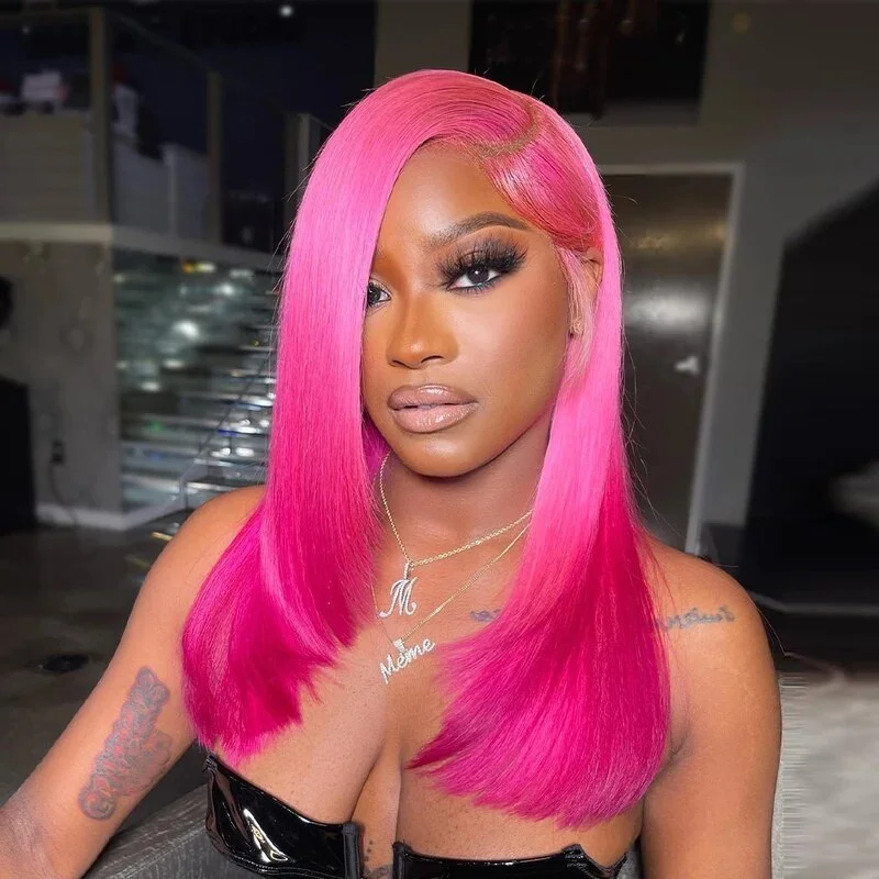 Colored wig with a side - part for a more flattering appearanceOneMore 200% Density Ombre Barbie Rose Pink Wig Real Straight Human Hair Wig Lace Front Wigs Pre-Plucked