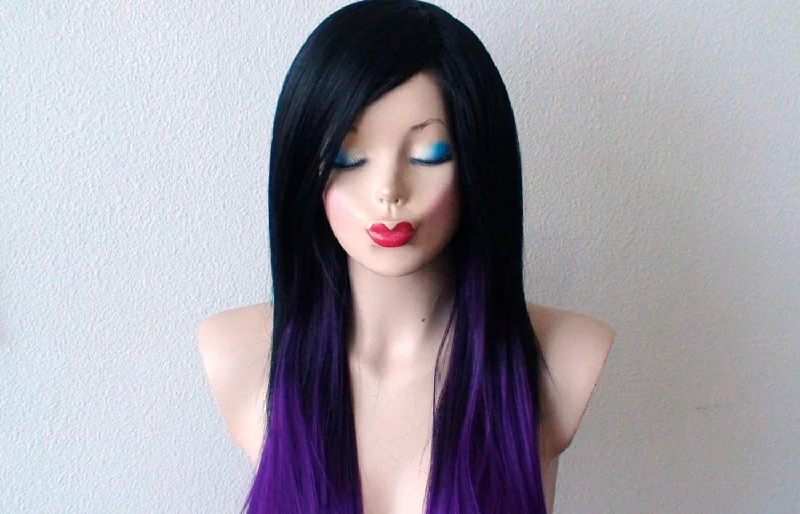 Colored wig in a vibrant pink color for a bold and eye - catching look28" Black Purple Ombre Long Straight Layered Hair Long Side Bangs Wig