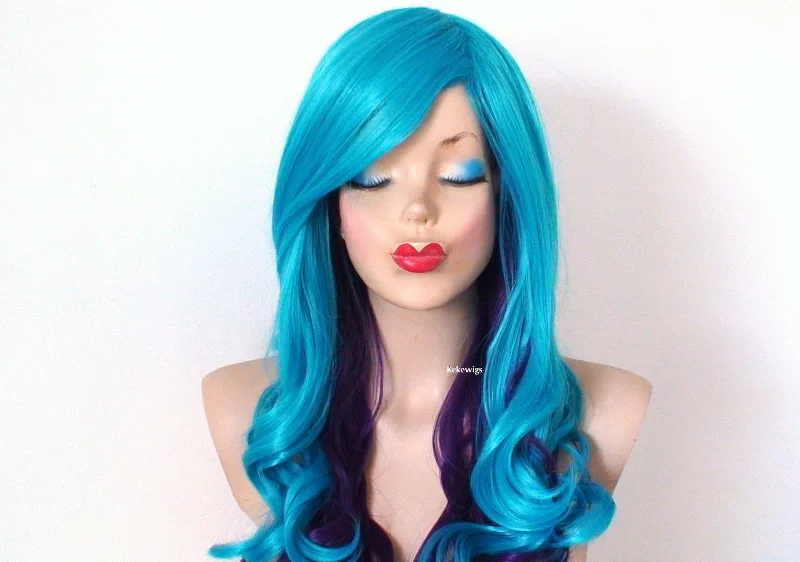 Adjustable - cap colored wig for a comfortable fit26" Teal Blue - Purple Ombre Long Curly Hair Side Bangs Wig