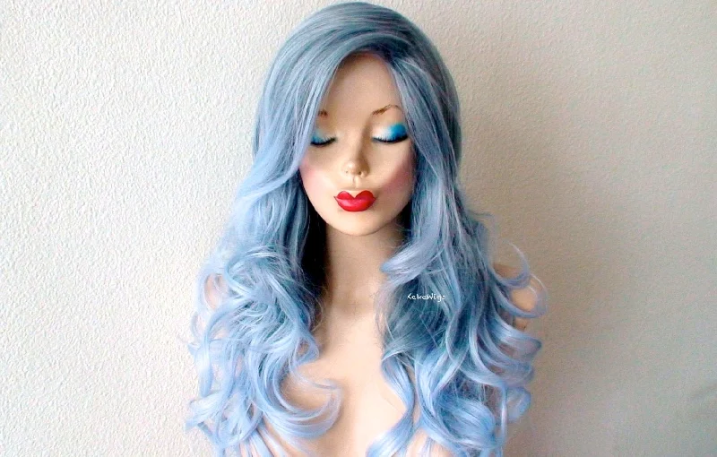 Colored wig with a natural - looking root for a more realistic look26" Pastel Blue Ombre Long Curly Long Side Bangs Wig