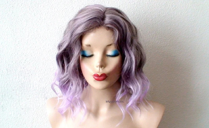 Colored wig with a straight texture for a sleek and minimalist look16" Pastel Lavender Ombre Short Wavy Hairstyle Wig