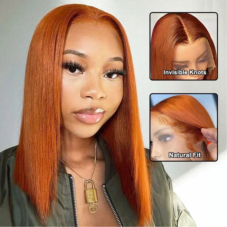 Colored wig with a middle - part for a classic and elegant styleGlueless 13x4 Lace Orange Ginger Bob Wig