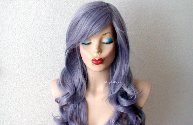 Colored wig with a side - swept bang for a sophisticated look26" Pastel Dark Lavender Gray Long Curly Hair Long Side Bangs Wig