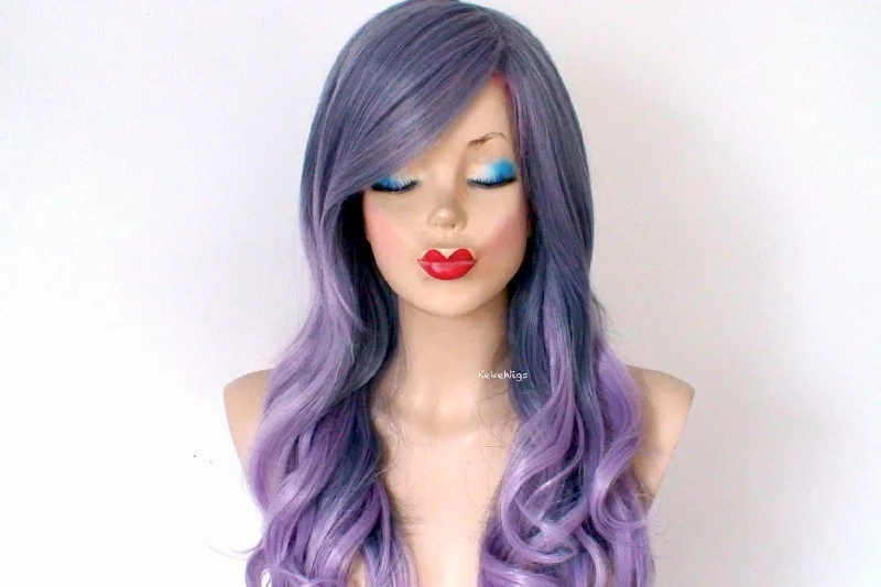 Colored wig with a natural - looking root for a more realistic look26" Pastel Blue Lavender Ombre Long Curly Hair Long Side Bangs Wig