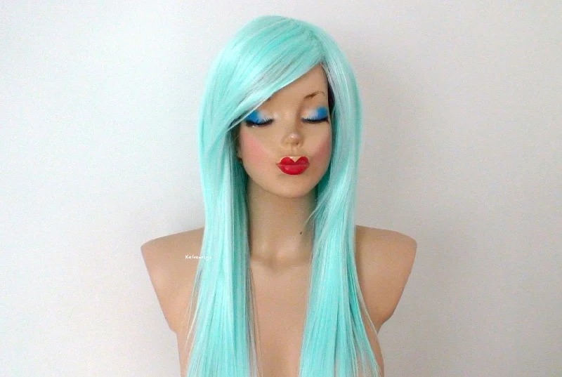 Colored wig with a silver - grey color for a trendy and cool - toned look28” Pastel Aqua Blue Long Straight Hair with Long Side Bangs Wig