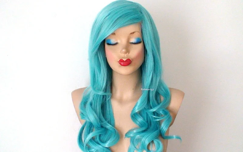 Colored wig with a silver - grey color for a trendy and cool - toned look26" Pastel Teal Blue Long Curly Hair Long Side Bangs Wig