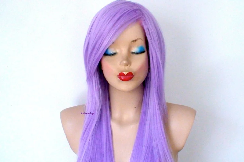 Colored wig with a silver - grey color for a trendy and cool - toned look28" Pastel wig. Lavender Long Straight Layered Hair Long Side Bangs Wig