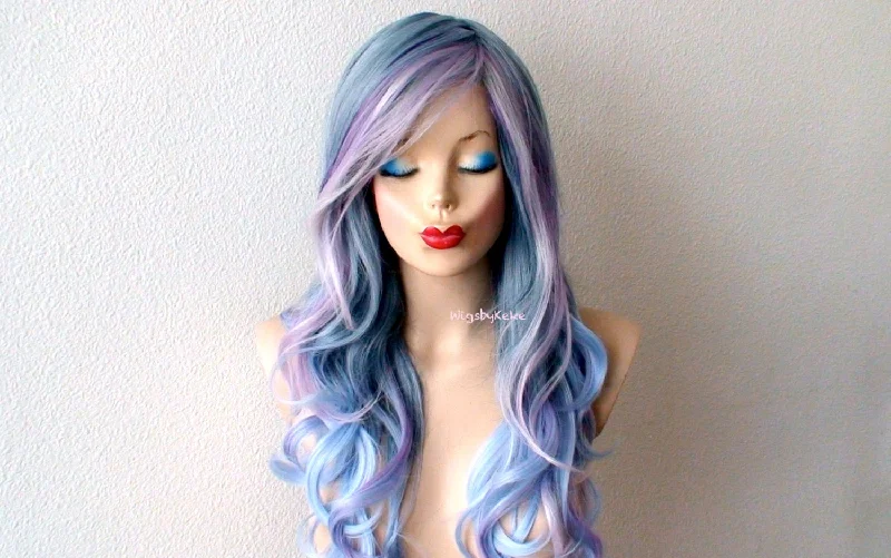 Colored wig with a side - part for a more flattering appearance26" Pastel Blue Lavender Pink Purple Ombre Long Curly Hair Side Bangs Wig. Custom Wig.