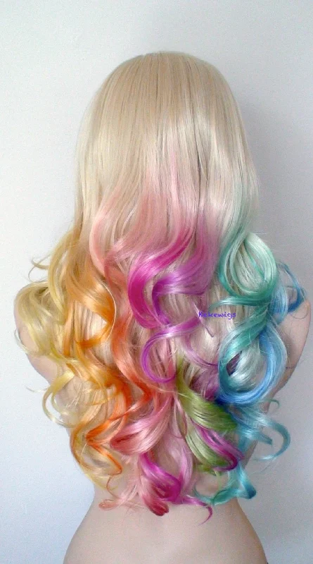 Colored wig with a straight texture for a sleek and minimalist look26"  Hand-Dyed Rainbow Colored Long Curly Hair with Bangs Wig