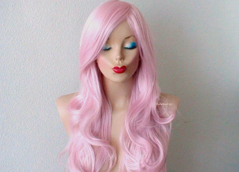 Colored wig with a straight texture for a sleek and minimalist look26" Pastel Pink Long Curly Hair Long Side Bangs Wig