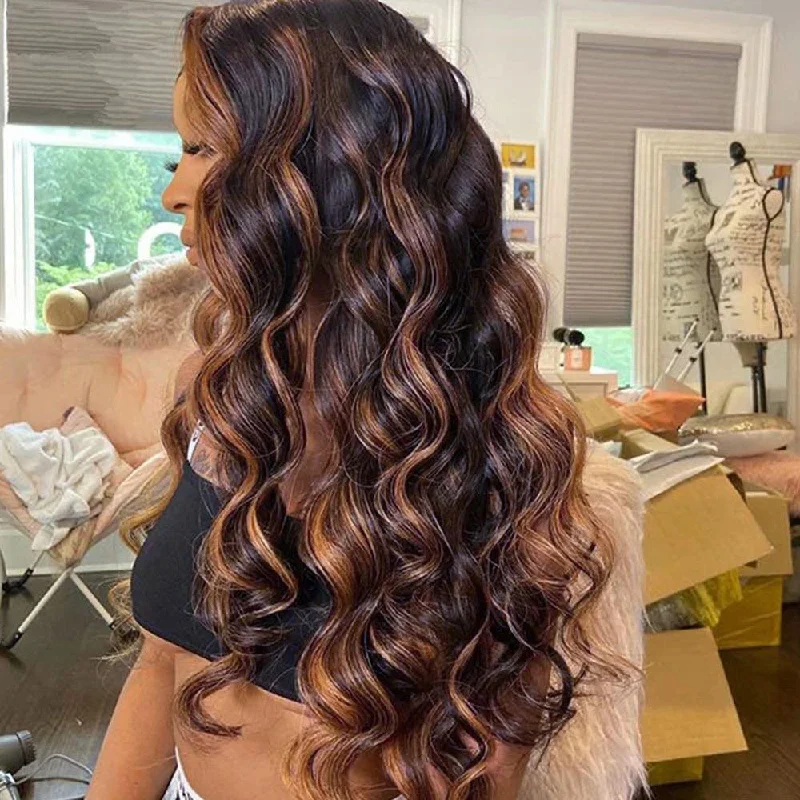 Colored wig with a straight texture for a sleek and minimalist lookPre-Cut Lace Wear Go Glueless Wig Black With Honey Blonde Piano Color Body Wave Breathable