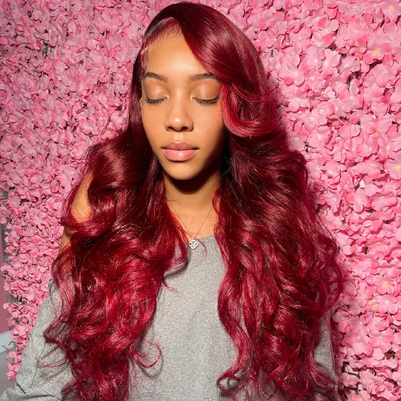 Colored wig with a pre - plucked hairline for a more natural lookPre-Cut Lace Wear Go Glueless Wig Burgundy Pure Color Body Wave Breathable