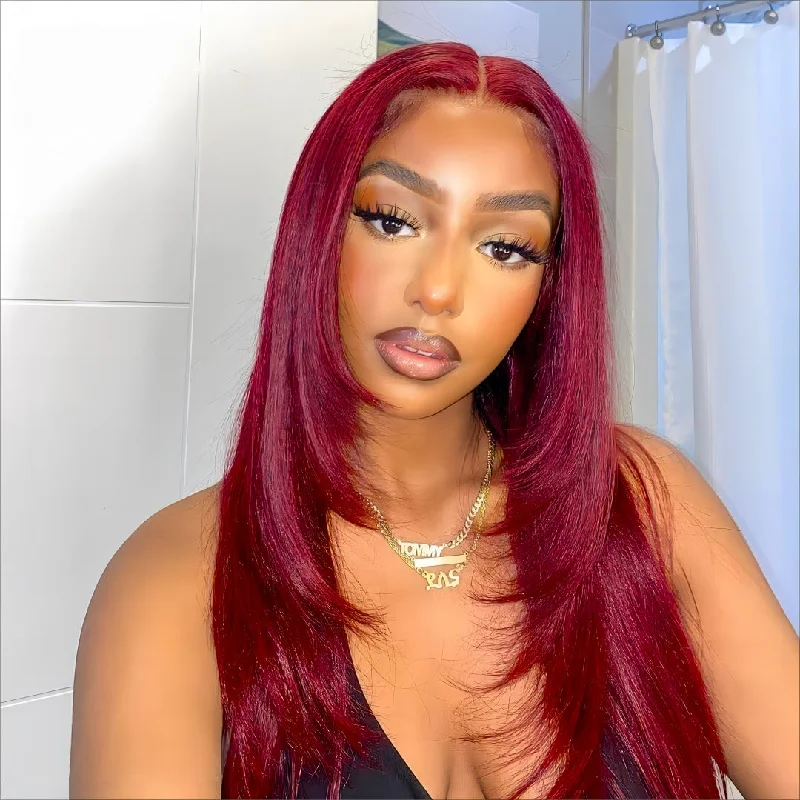 Colored wig with a 150 - density for a full and thick appearancePre-Cut Lace Wear Go Glueless Wig Burgundy Pure Color Straight Breathable