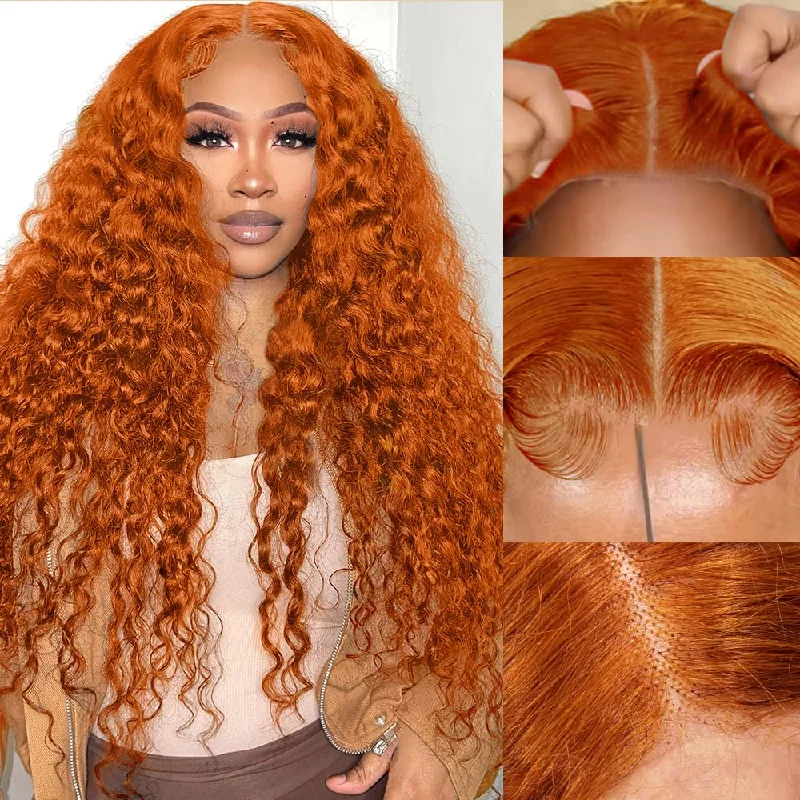 Colored wig with a pre - plucked hairline for a more natural lookPre-Cut Lace Wear Go Glueless Wig Ginger Orange Pure Color Curly Breathable