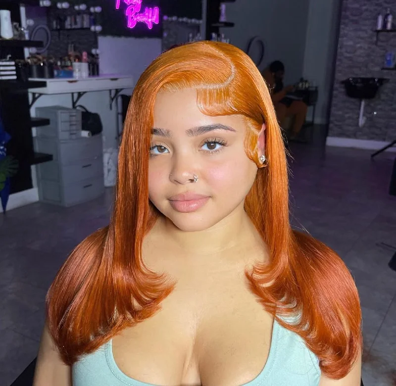 Colored wig with a side - swept bang for a sophisticated lookPre-Cut Lace Wear Go Glueless Wig Ginger Orange Pure Color Straight Breathable