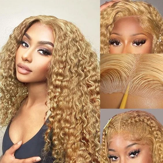 Colored wig with a side - part for a more flattering appearancePre-Cut Lace Wear Go Glueless Wig Honey Blonde Pure Color Curly Breathable