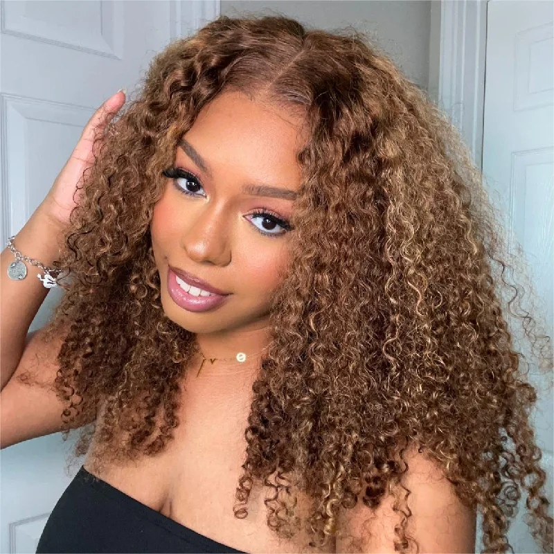 Colored wig with a silk - base cap for a comfortable and smooth feelPre-Cut Lace Wear Go Glueless Wig Honey Blonde With Brown Piano Color Curly Breathable