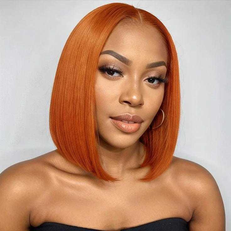 Colored wig with a silver - grey color for a trendy and cool - toned lookWear & Go Pre Cut Ginger Orange Bob Wigs Straight Glueless Human Hair Wigs