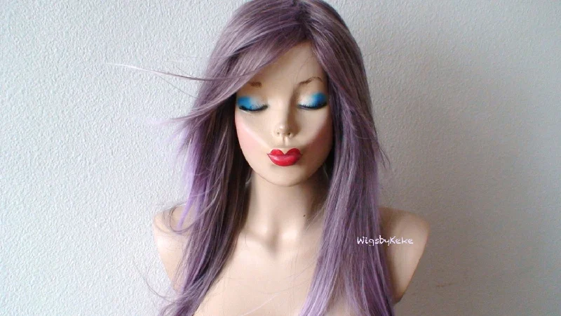 Human - hair colored wig for a natural and luxurious feel28" Pastel Lavender Ombre Long Straight Layered Hair Long Side Bangs Wig