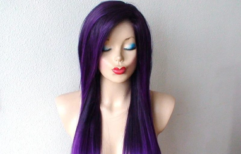 Colored wig with a natural - looking root for a more realistic look28" Purple Ombre Long Straight Layered Hair Long Side Bangs Wig