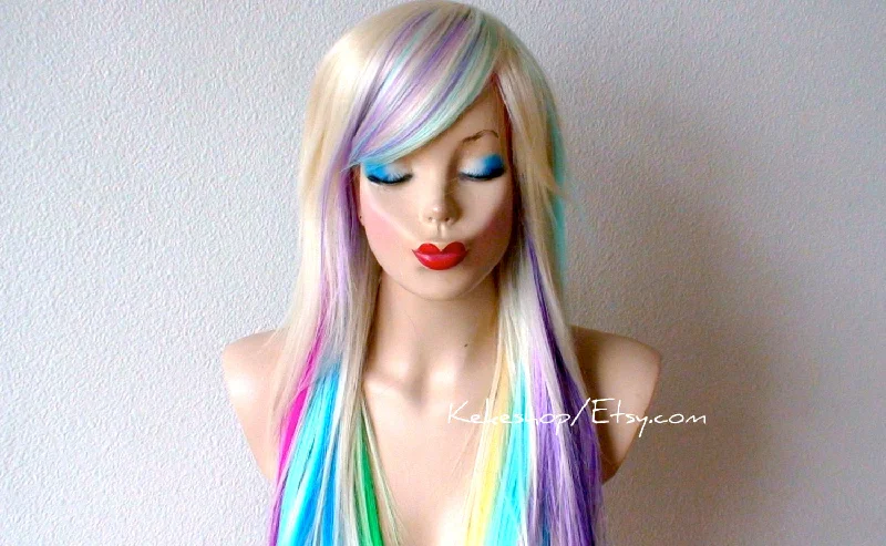 Colored wig with a blue - green ombre effect for a unique and trendy appearance28" Pastel Rainbow Long Straight Layered Hair Long Side Bangs Wig