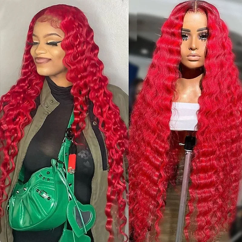 Colored wig with a natural - looking root for a more realistic lookRed Color Loose Deep Wave 13x4 Transparent Lace Front Wigs For Women with Pre Plucked Glueless Wig