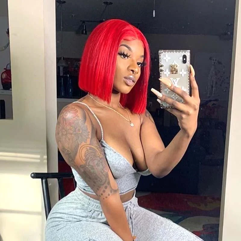 Colored wig with a curly texture for a bold and stylish choiceRed Lace Front Bob Wig Human Hair Middle Part for Sale Surprisehair