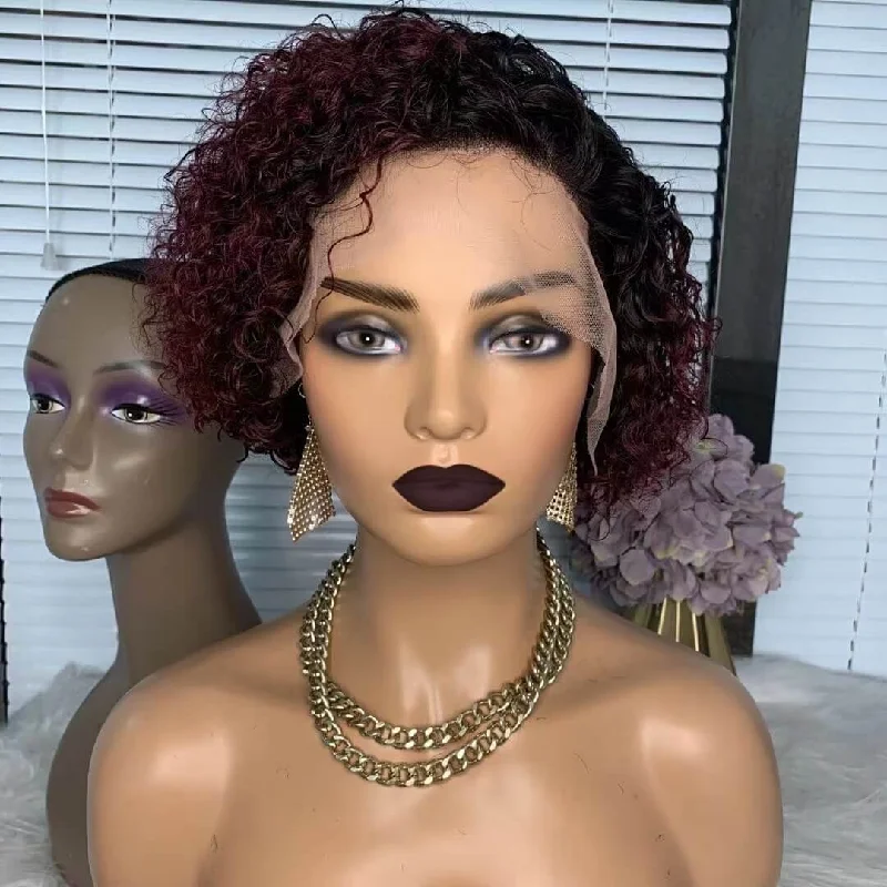 Colored wig with a wispy fringe for a soft and feminine lookRed Ombre Curly Bob Wig Side Part Human Hair Wig For African American