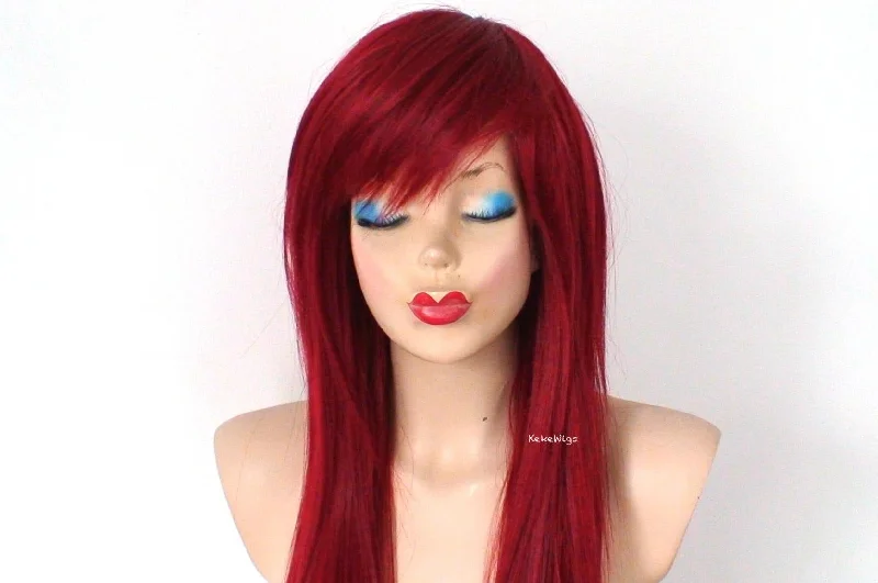 Colored wig with a side - part for a more flattering appearance28" Wine Red Straight Layered Hair with Bangs Wig. Scene Wig.