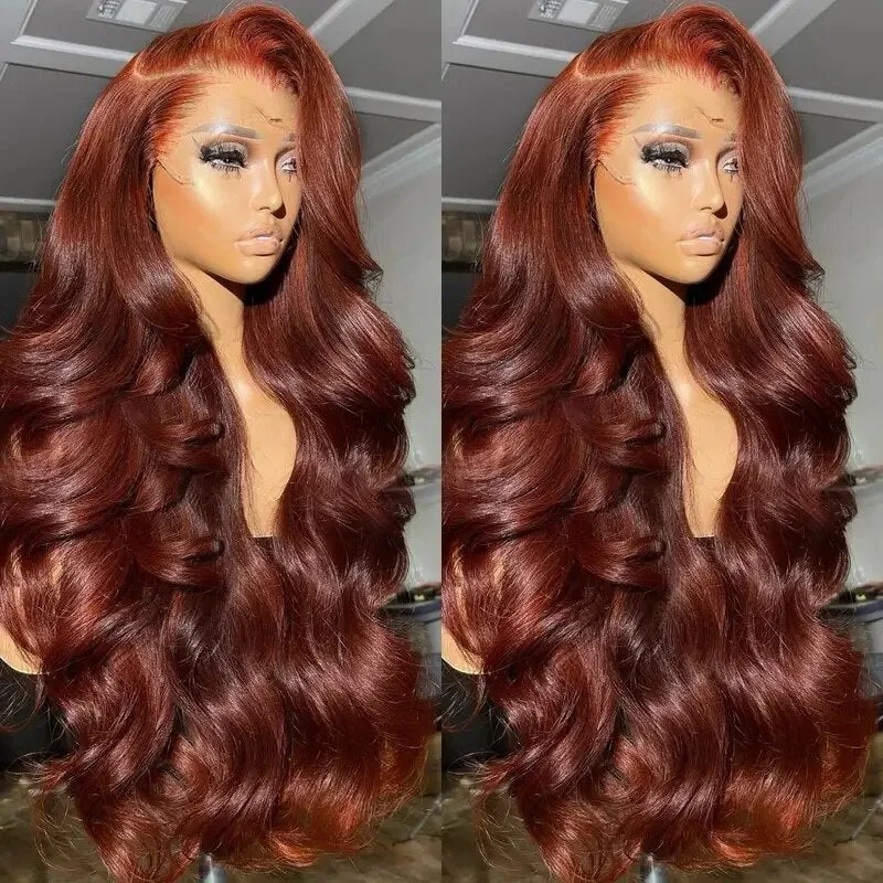 Colored wig with a wispy fringe for a soft and feminine lookOneMore Reddish Brown Body Wave Wig HD Lace Front Wigs 180% Density Colored Human Hair Wig