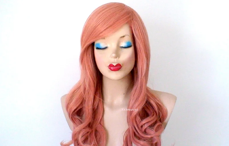 Synthetic colored wig with a heat - resistant formula for easy styling26" Rose Gold Long Curly Hair Long Side Bangs Wig