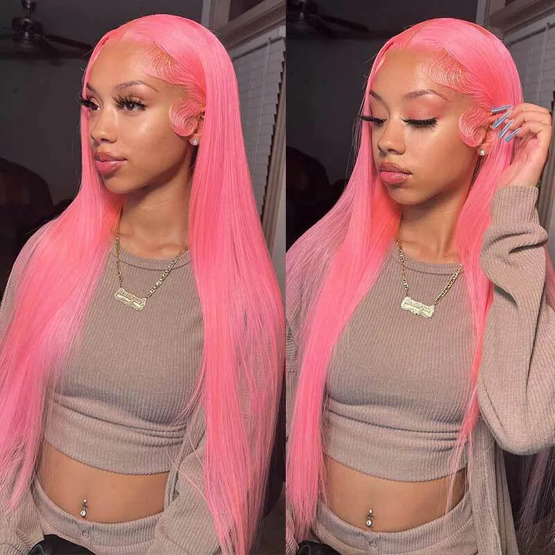 Colored wig with a natural - looking root for a more realistic lookPink Wig Straight Wigs Long Wig Pre Plucked Lace Front Wigs Human Hair Wig 150% Density