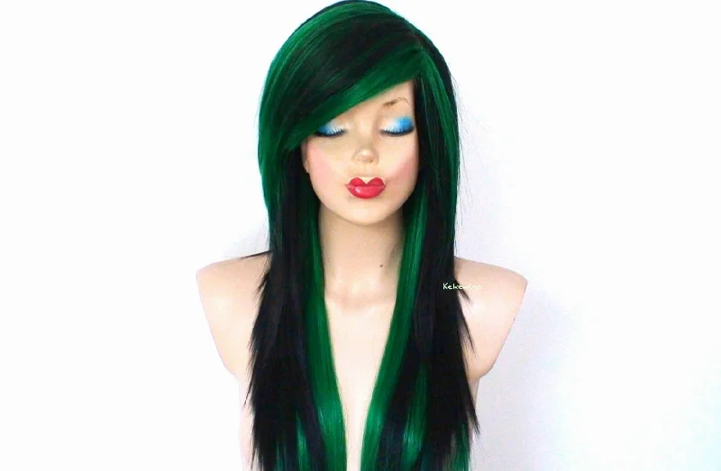 Colored wig with a middle - part for a classic and elegant style28" Black Green Straigh Layered Hair Long Side Bangs Wig. Emo Wig. Scene Wig.