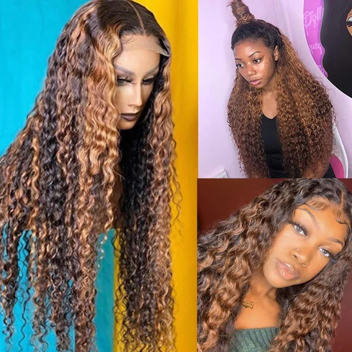 Colored wig with a straight texture for a sleek and minimalist lookSexy Curly Highlight 13x4 Lace Front Human Hair Wigs Deep Wave Brazilian Hair Ombre Wigs