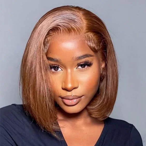 Colored wig with a straight texture for a sleek and minimalist lookShort Bob Wig 4x4 Transparent Lace Glueless Wig Front Wigs Chocolate Brown Color Wear and GO