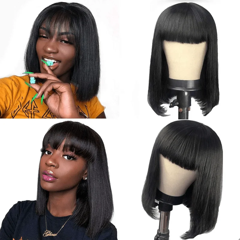 Bob wig for daily wear with a low - maintenance designShort Bob Wigs Human Hair With Bangs Brazilian Virgin Straight Human Hair Wigs Glueless None Lace Front Wigs