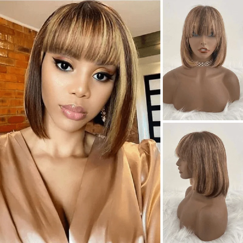 Colored wig with a silk - base cap for a comfortable and smooth feelShort Brown Highlight Bob Wig with Bangs Human Hair Lace Frontal for African American